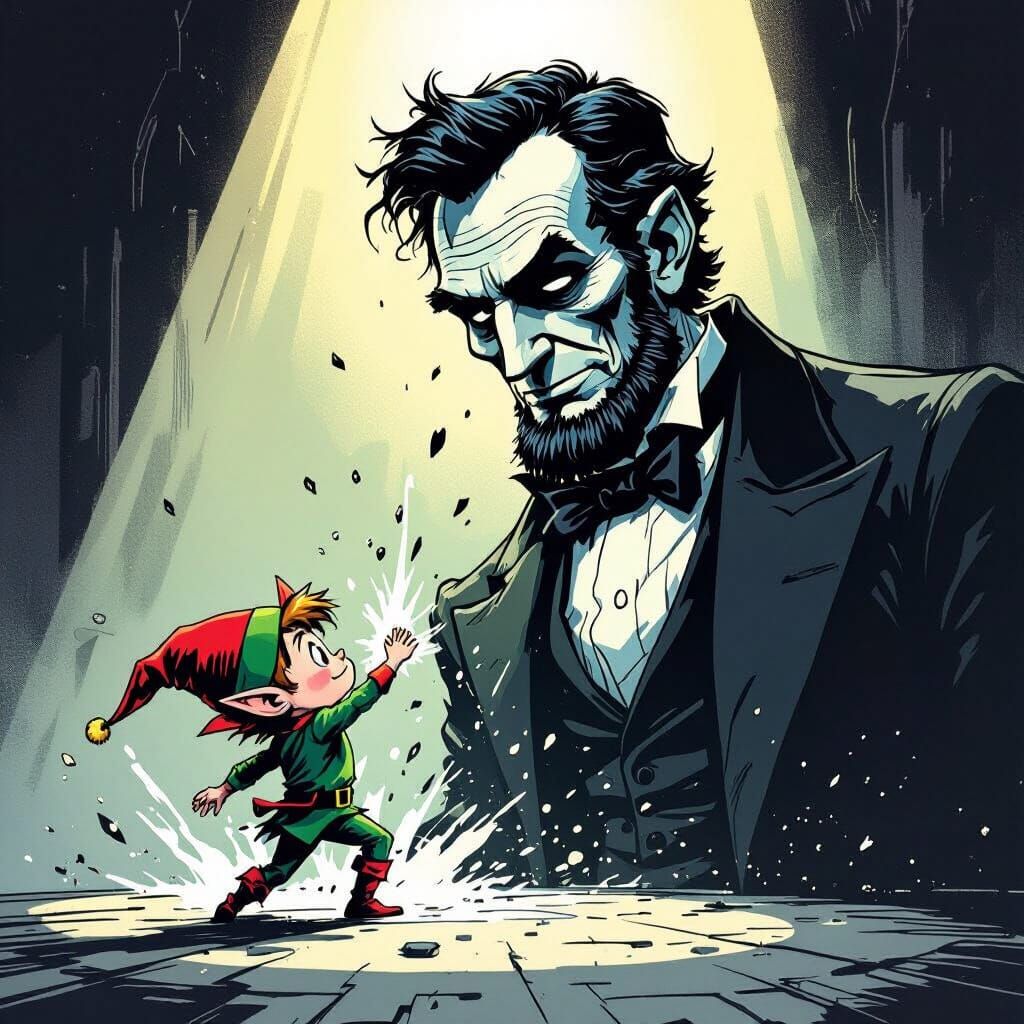 Tiny Elf Dunked On By Giant Lincoln in Comic Art Style