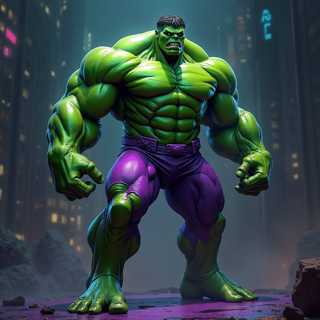 Muscular Hulk in Neon Liquid Metal Finish