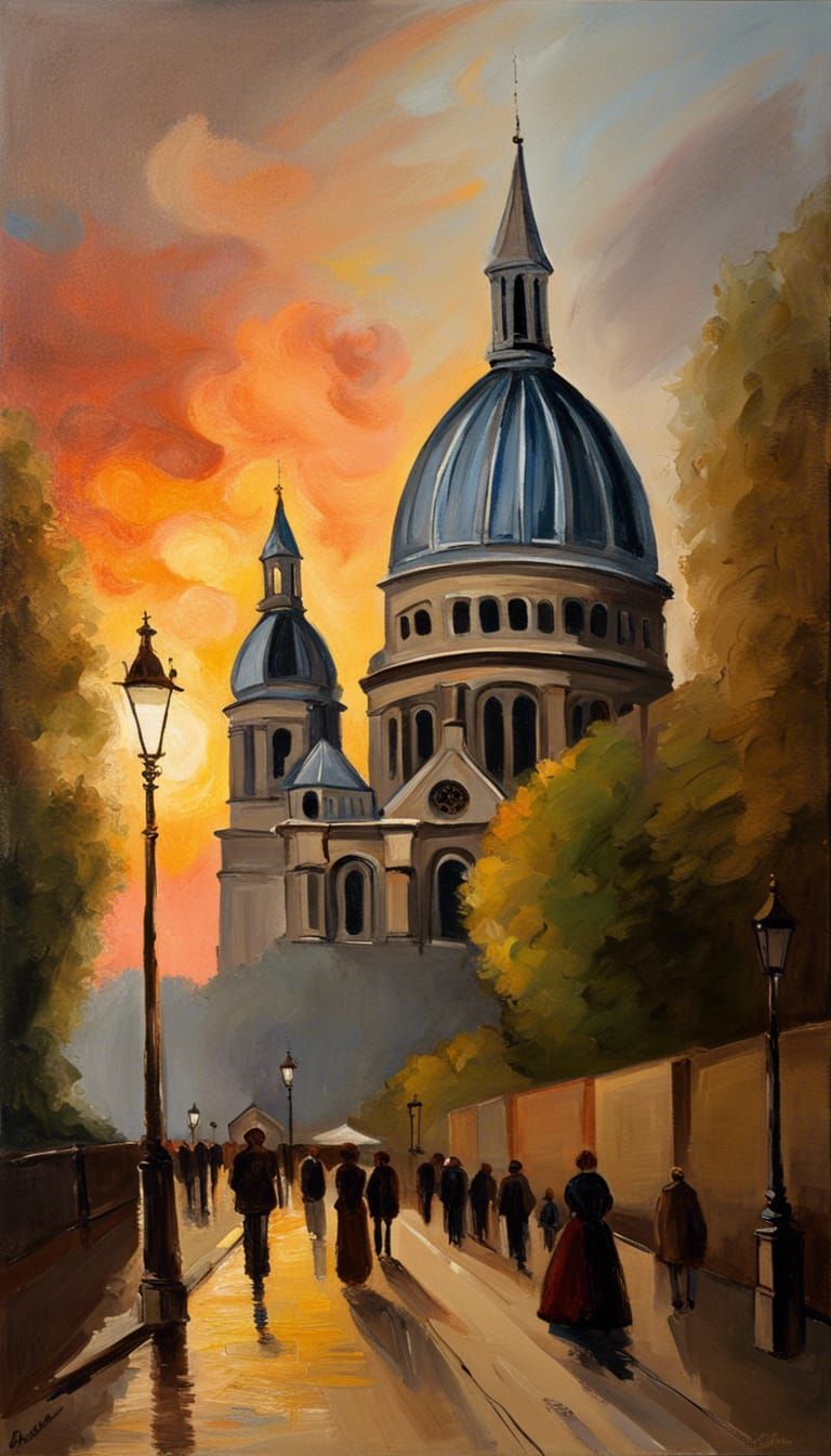 Parisian Cathedral at Sunset: Impressionistic Oil Painting
