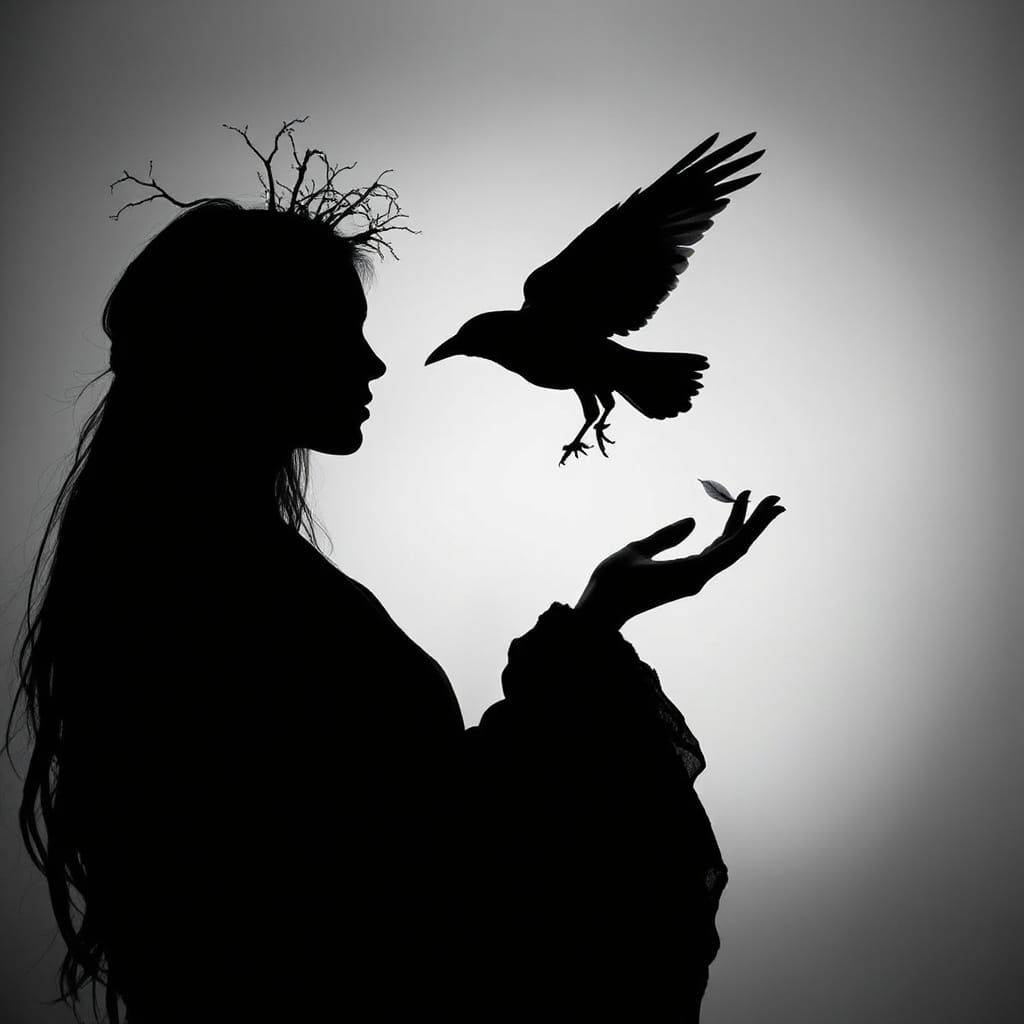 Mystical Silhouette: Woman, Crow, and Roots