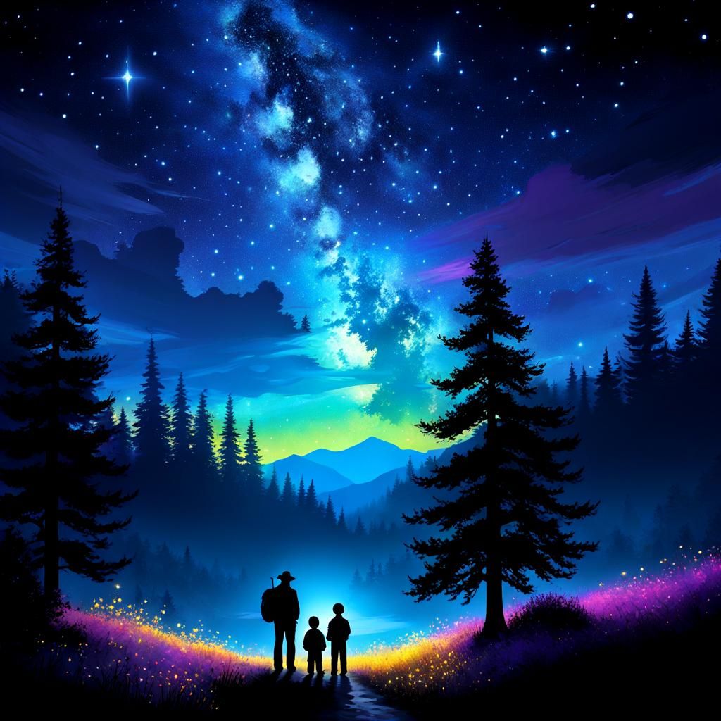 Father and Son: Whimsical Forest Stargazing