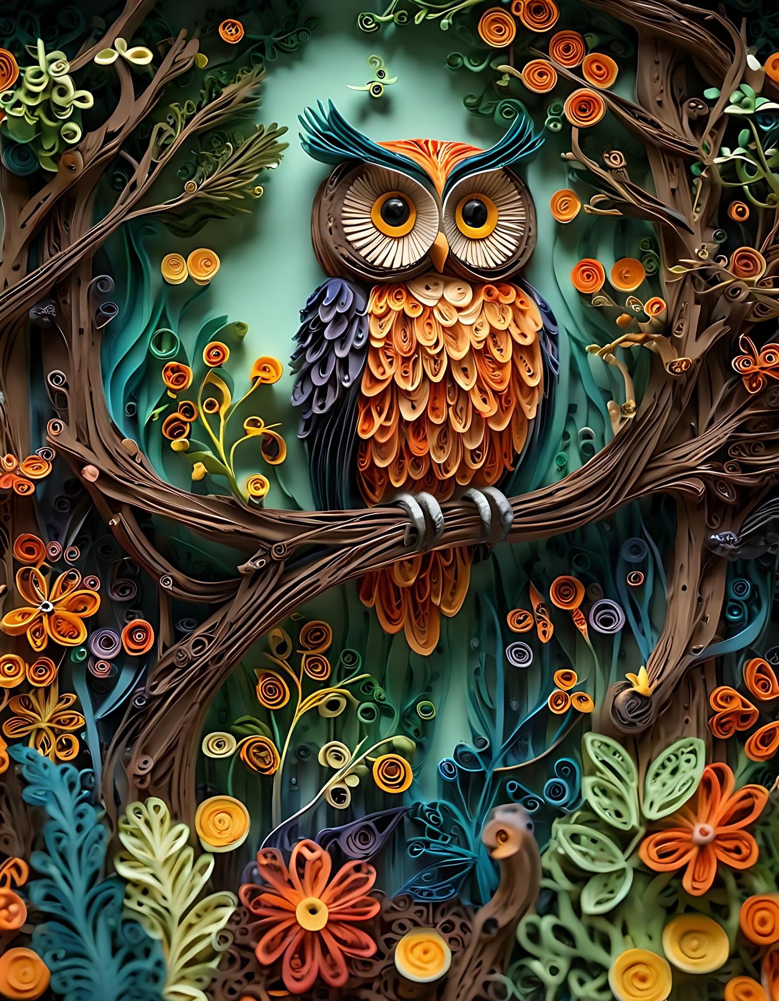 Paper Quilled Owl in Biopunk Woodland Scene