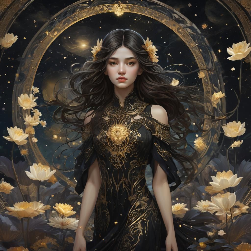 Dark Fantasy Woman in Lotus Pond, Art Nouveau Style