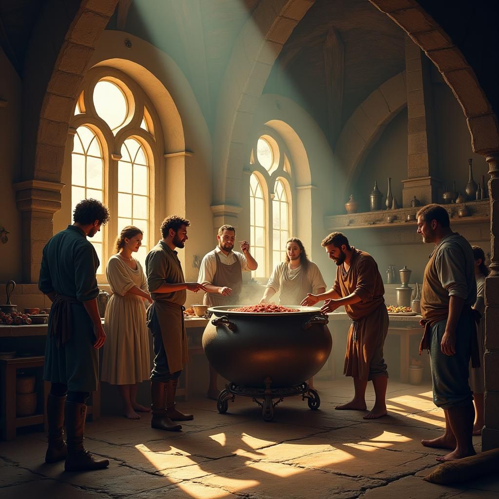 Medieval Castle Kitchen Scene in Atmospheric Fantasy Style