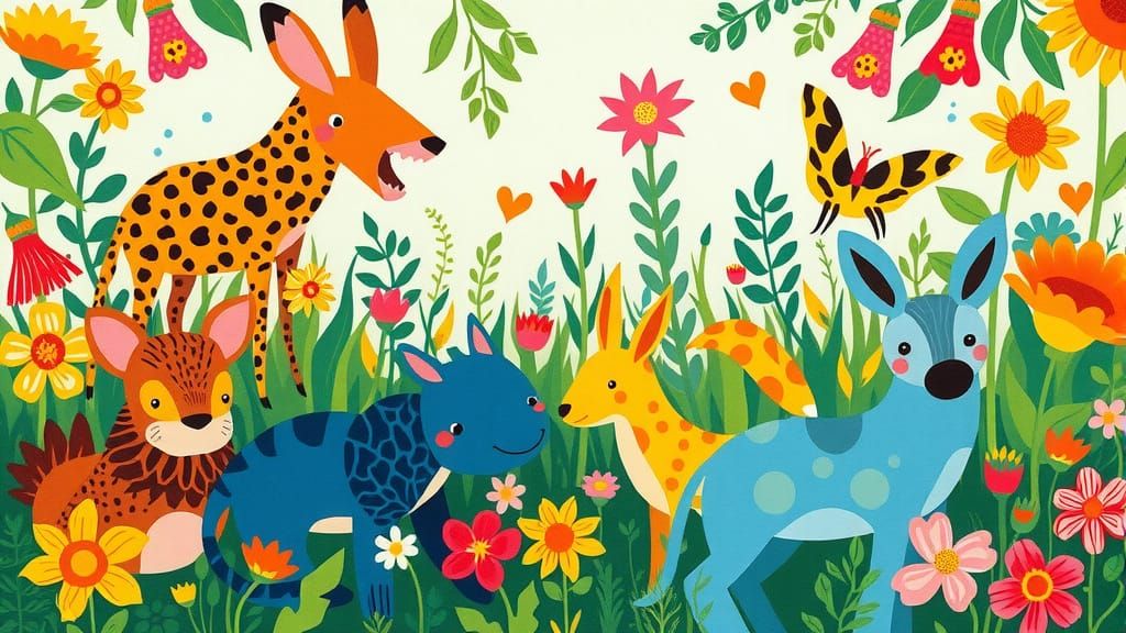 Playful Animals in Lush Garden, Street Art Style