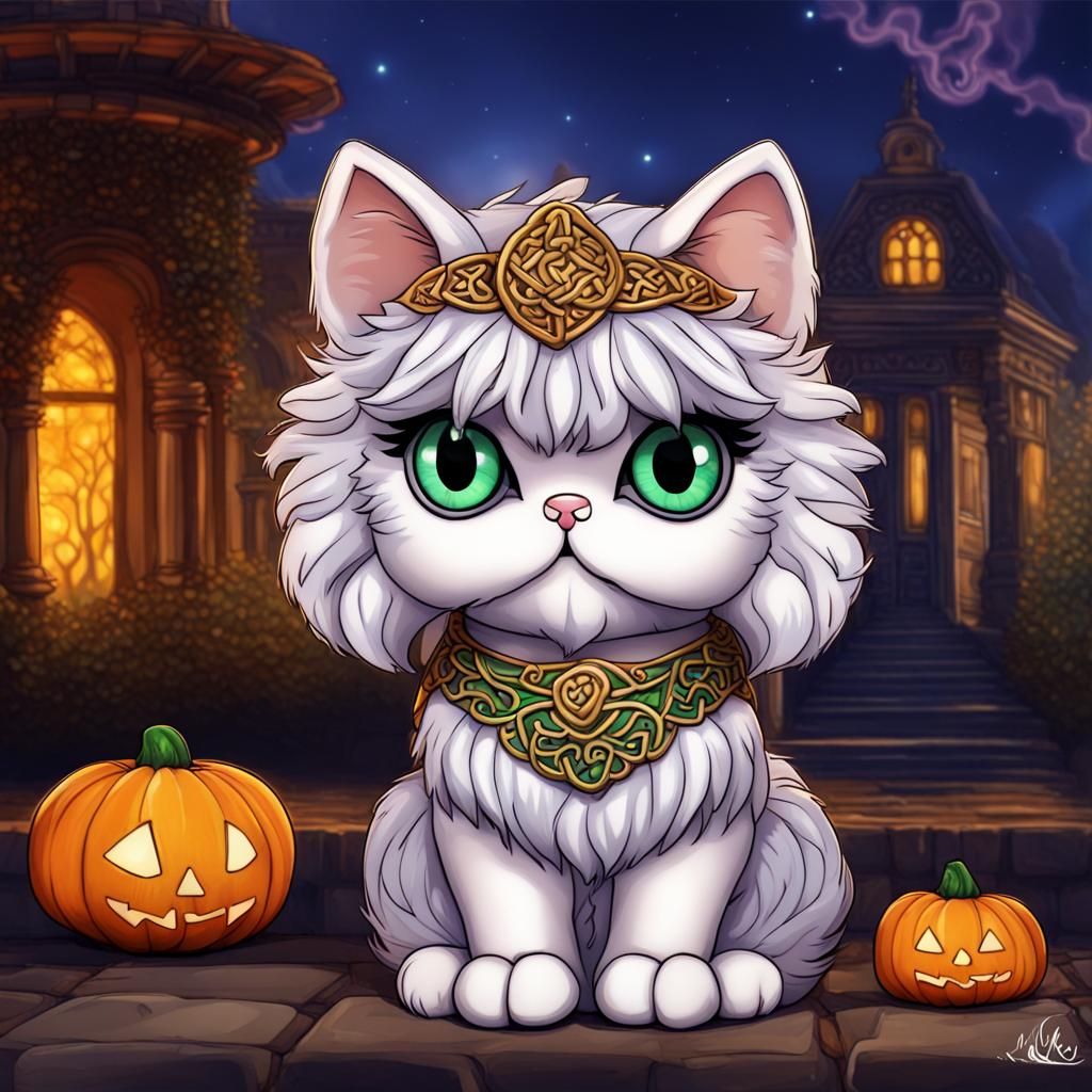 Chibi Persian Cat in Halloween Mosaic Scene