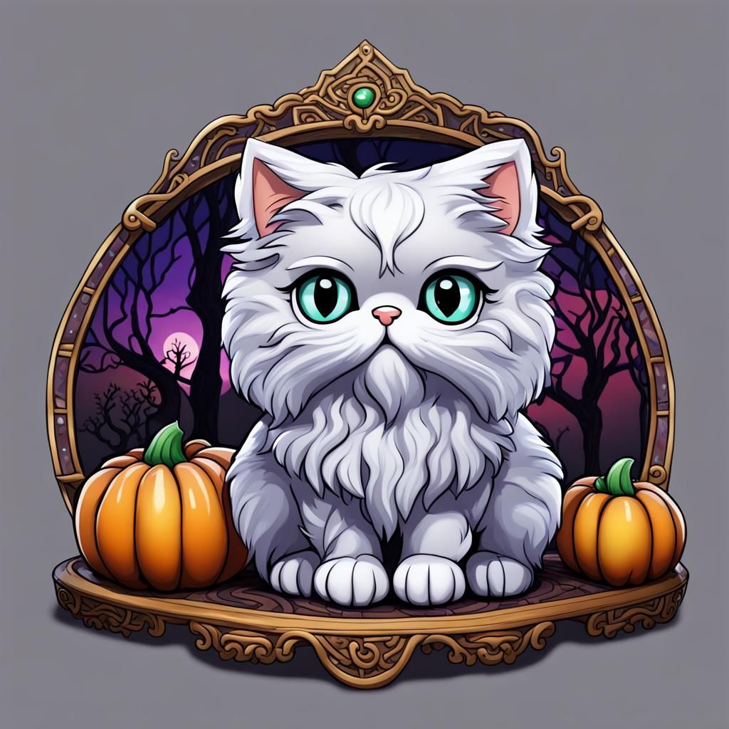 Chibi Furry Persian Cat Halloween Scene in Mosaic Style