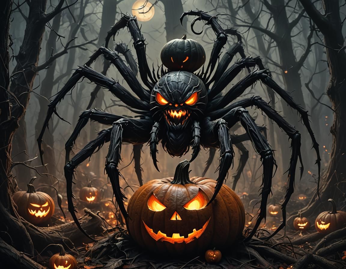 Demonic Spider Perched Atop Twisted Pumpkin