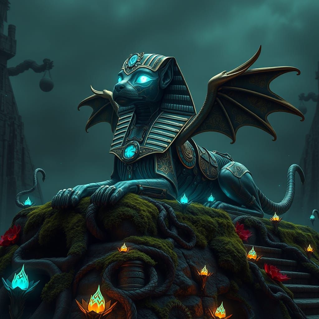 Bioluminescent Steampunk Sphinx on Ancient Ziggurat