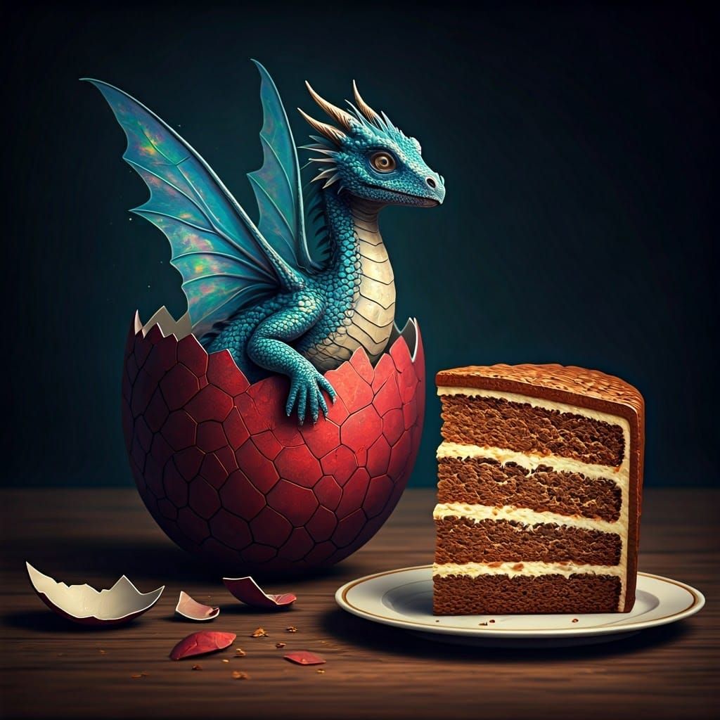 Iridescent Dragon Hatching from Cake Egg