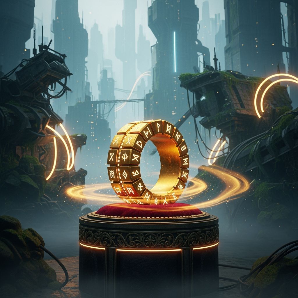 Golden Magic Ring in Retrofuturistic Style