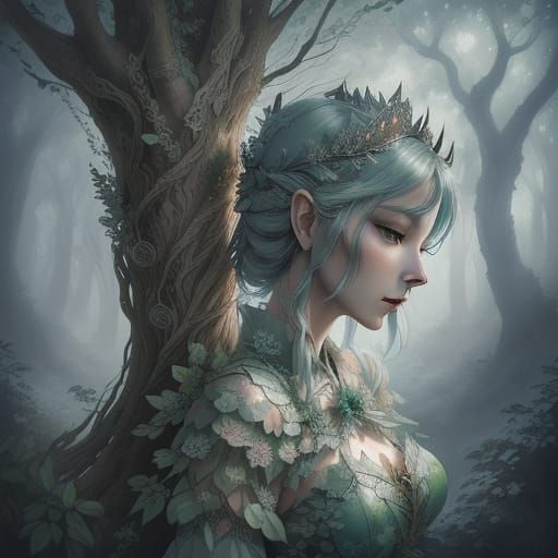 Dryad's Ethereal Portrait in Whimsical Watercolor