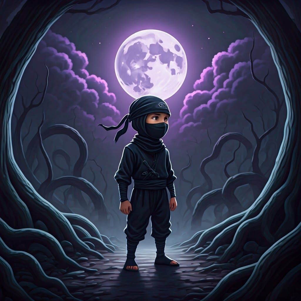 Ninja Boy Under Purple Moon in Dark Etching Style