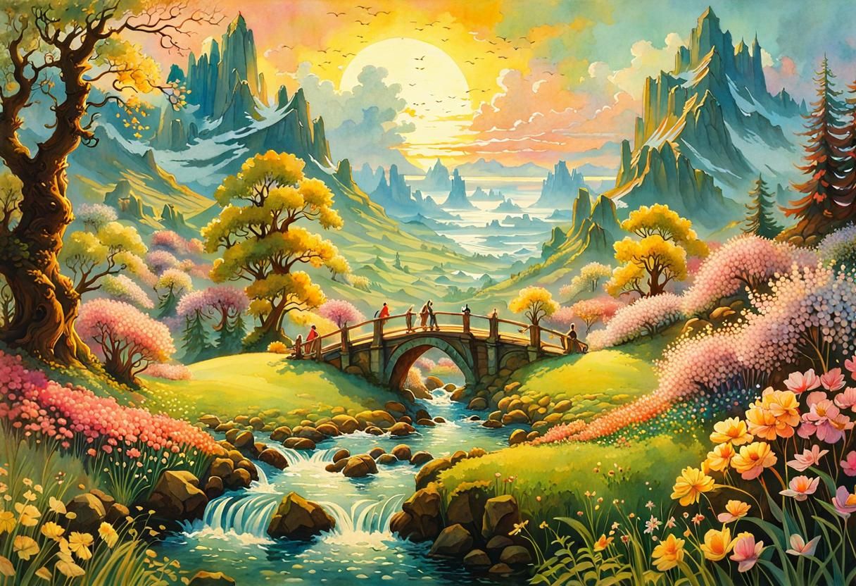 Spring Sunset Fantasycore Watercolor Painting