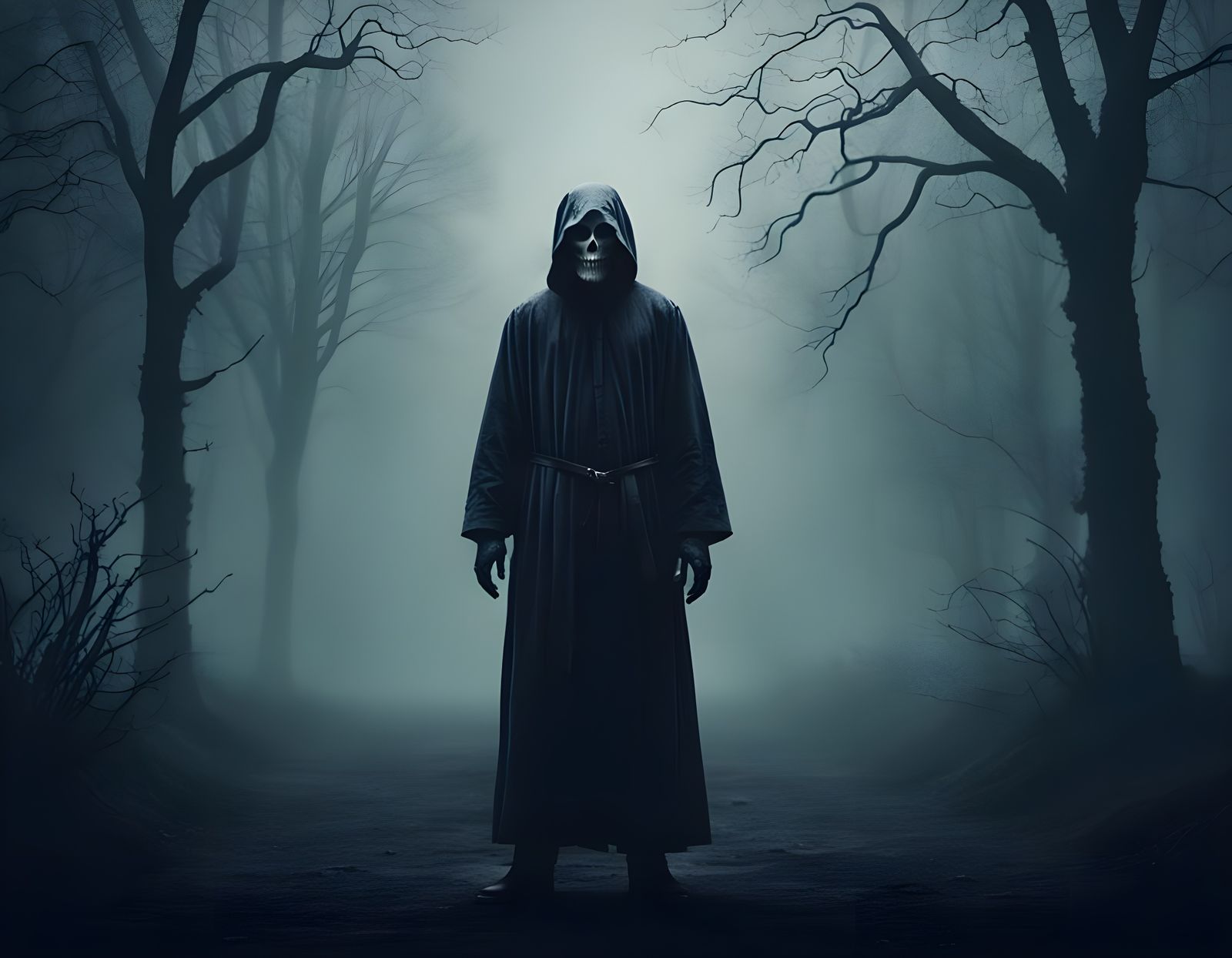 Eerie Figure in Dark, Misty Landscape