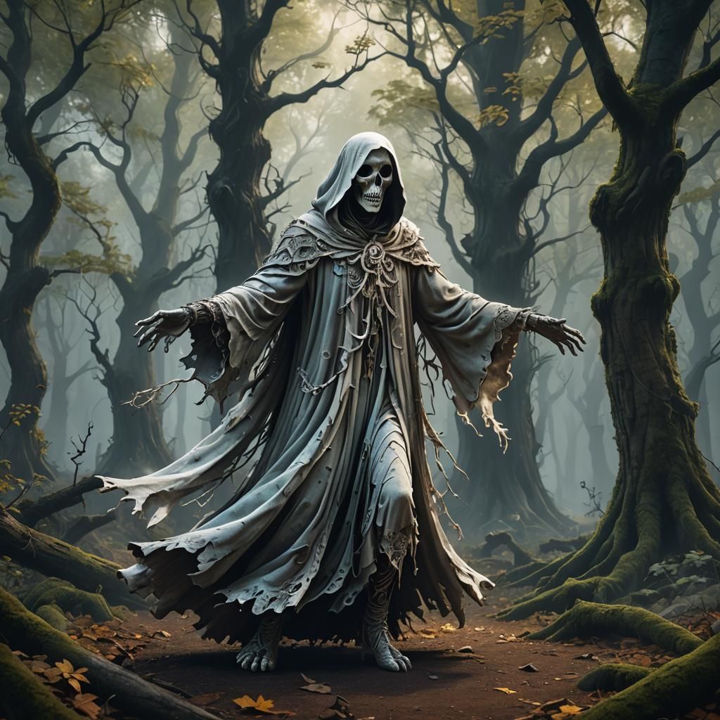 Dancing Ghost in Haunted Woods: Detailed Matte Painting