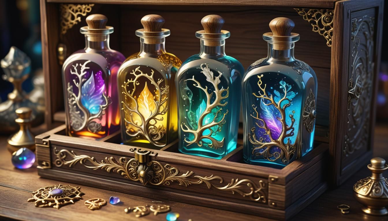 Magical Elemental Forces in Bottles, 3D Digital Art