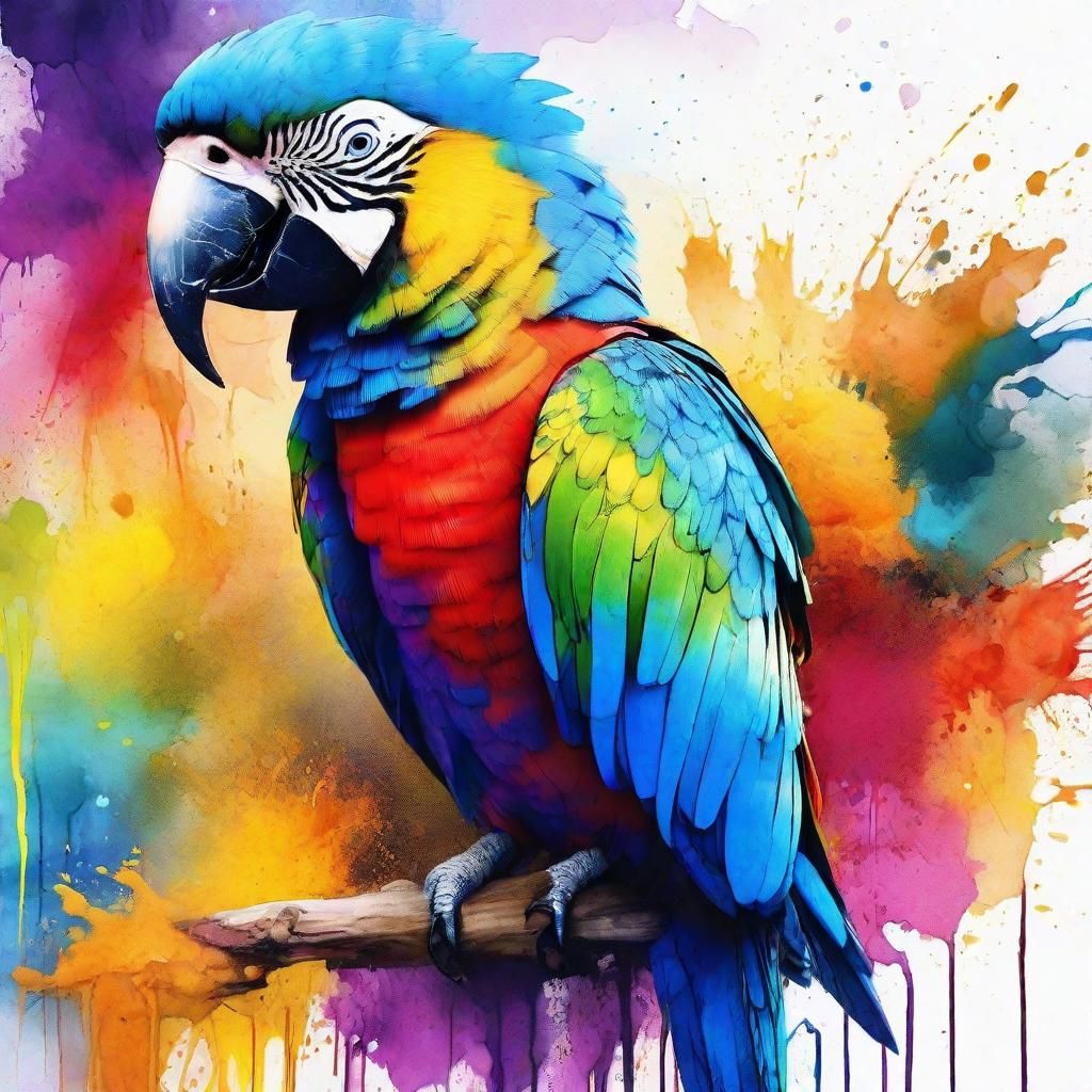 Rainbow Parrot in Splash Ink Fantasy Art