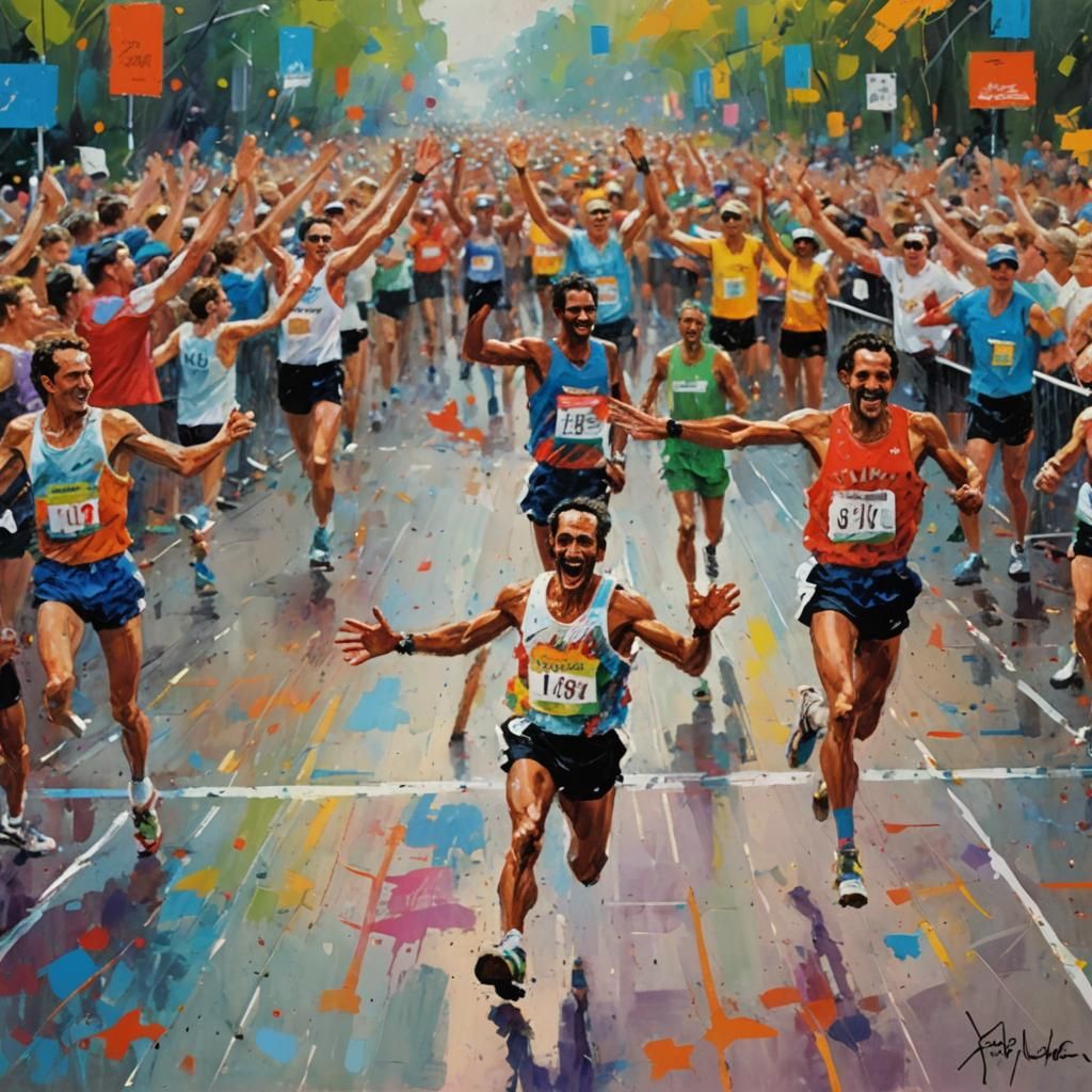 Art by LeRoy Neiman, high five between two marathon runners crossing the finish line together, expression of mutual resp...