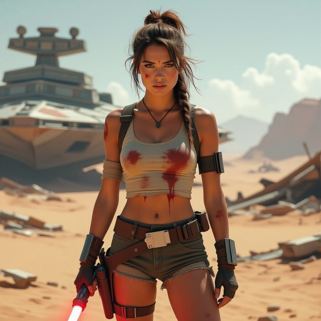 Rey the Scavenger in Gritty Desert Landscape