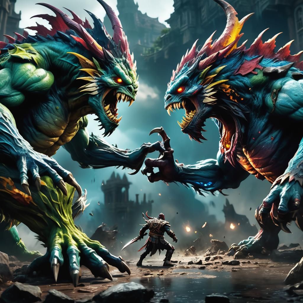Hybrid Monsters Clash in Detailed Fantasy Painting