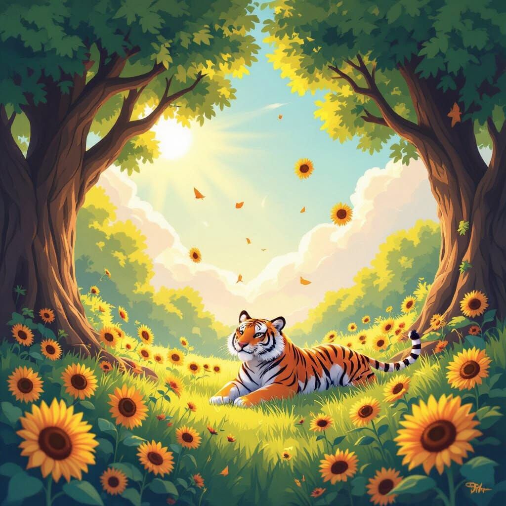 Rainbow Tiger in Sunflower Shower, Whimsical Art