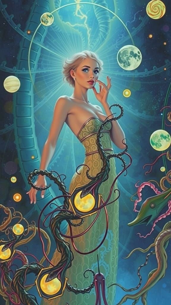 Ethereal Futuristic Goddess Among Fractal Hologram Seas