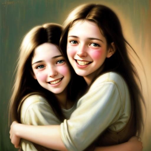 Girls Laughing: An Embrace in Oil Paint Style