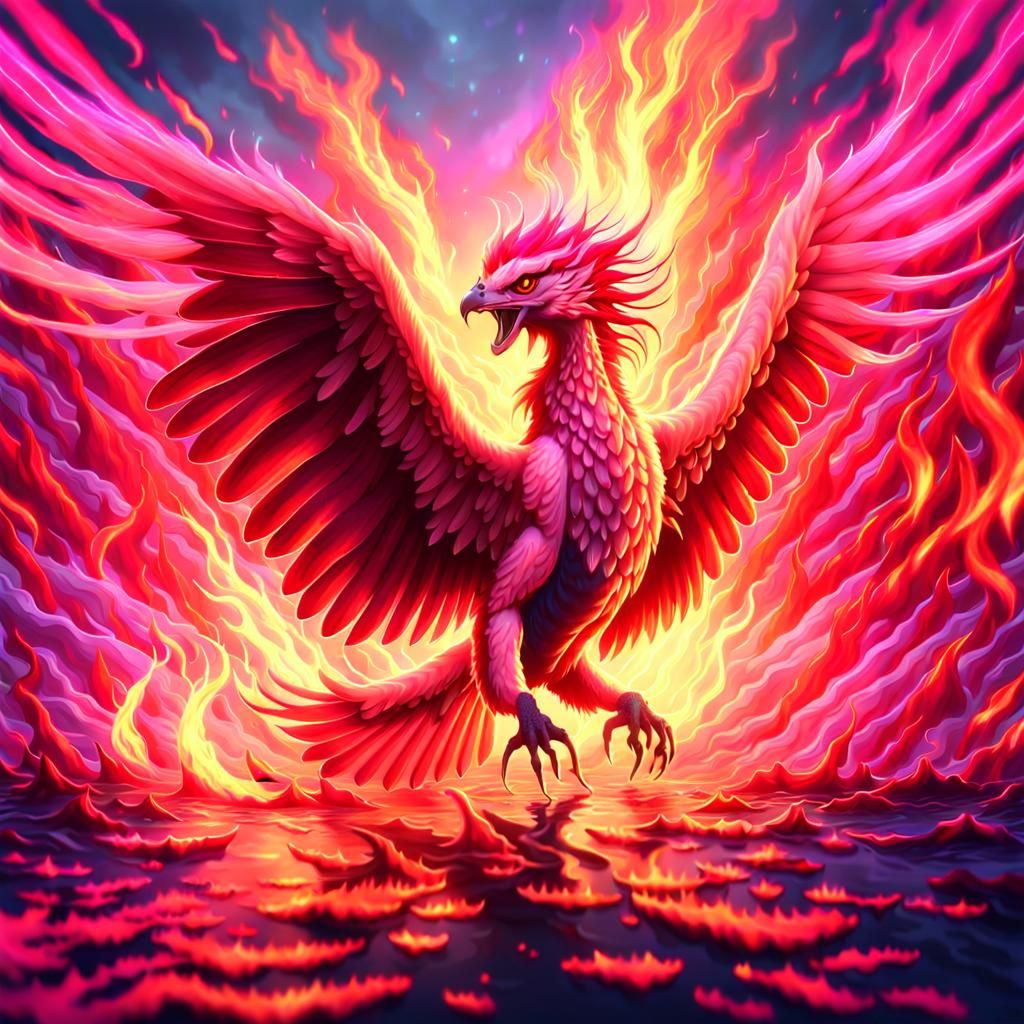 Pink Phoenix Soaring Over Fiery Lake: Anime-Inspired Digital...