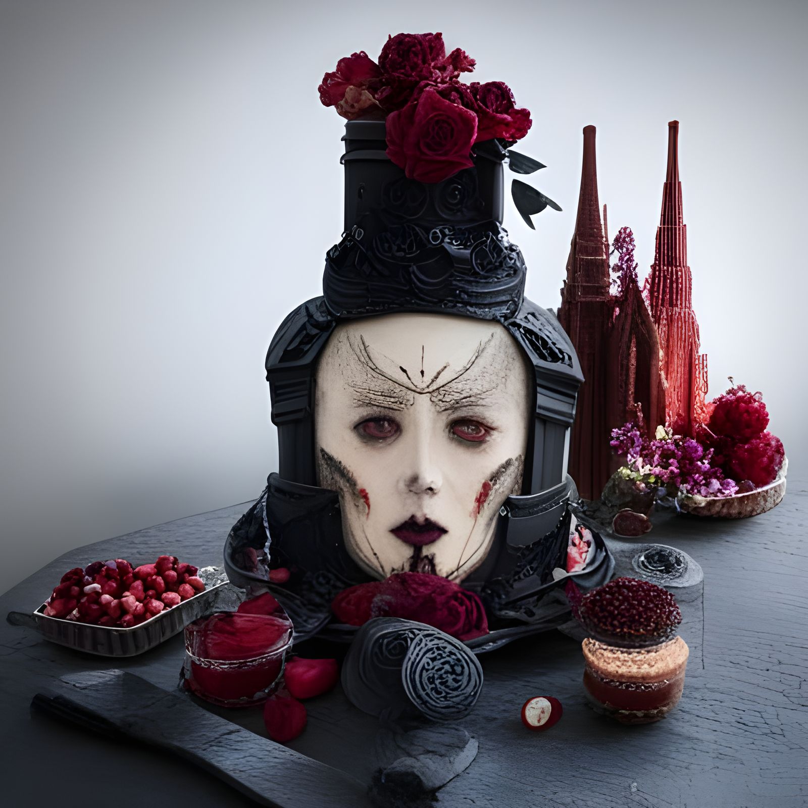 Gothic Vampire Wedding Cake with Blood and Roses