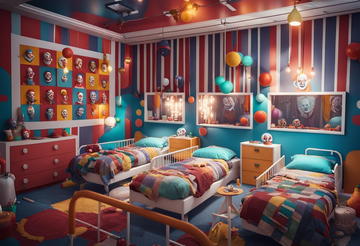 Scary Clown Bedroom with Five Beds in Detailed Matte Paintin...