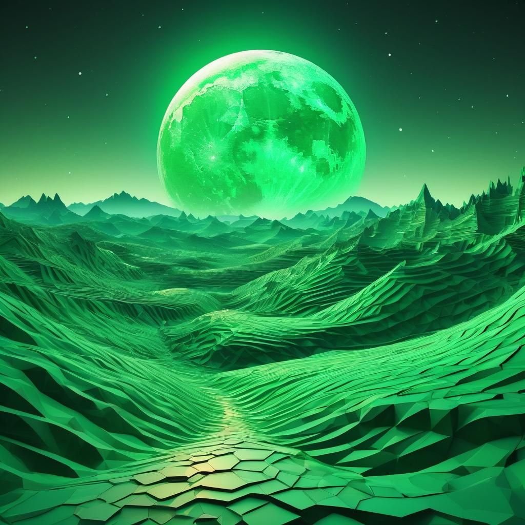 Surreal Dreamscape: Glimmering Green Geometric Terrain