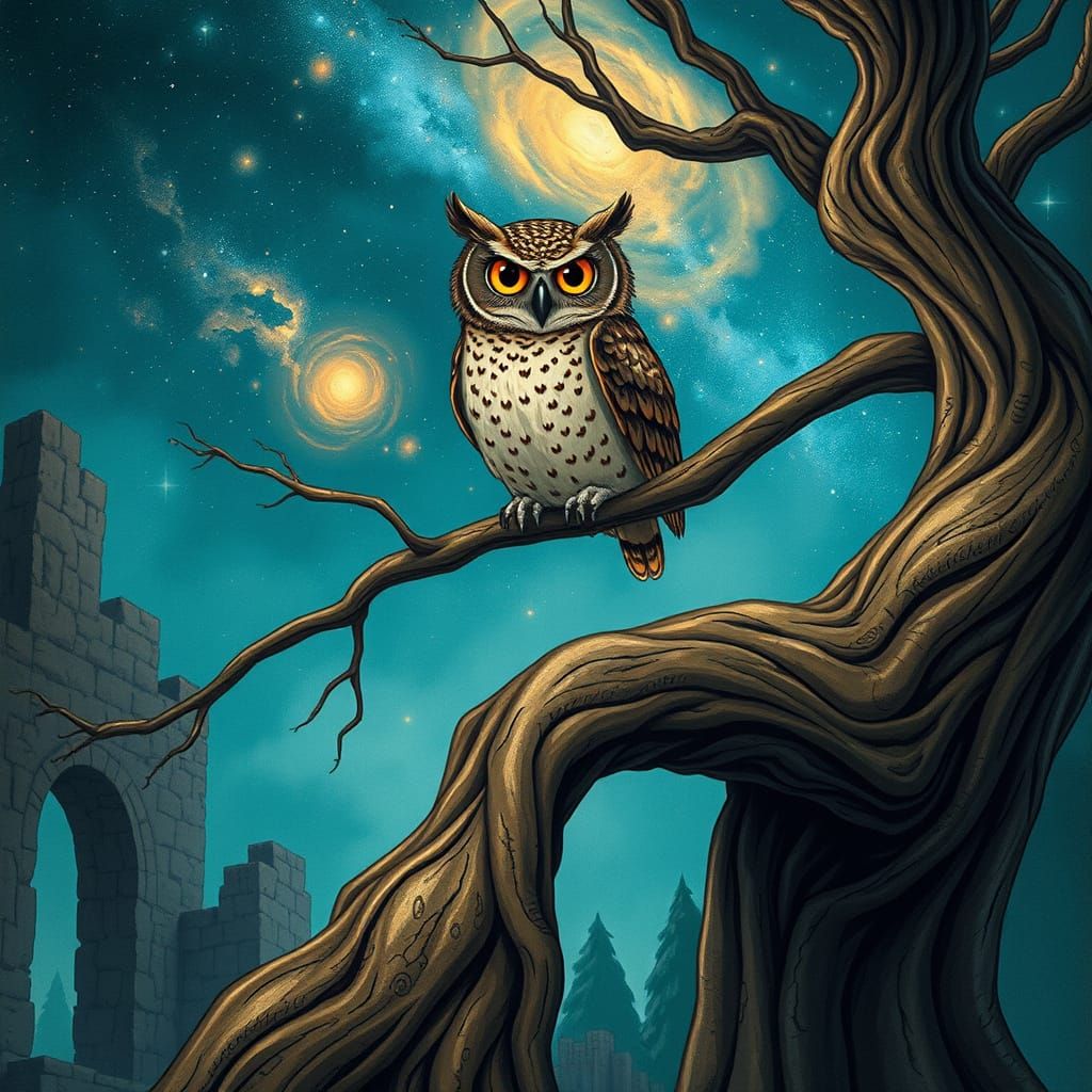 Galactic Owl in Ancient Ruins Storybook Illustration