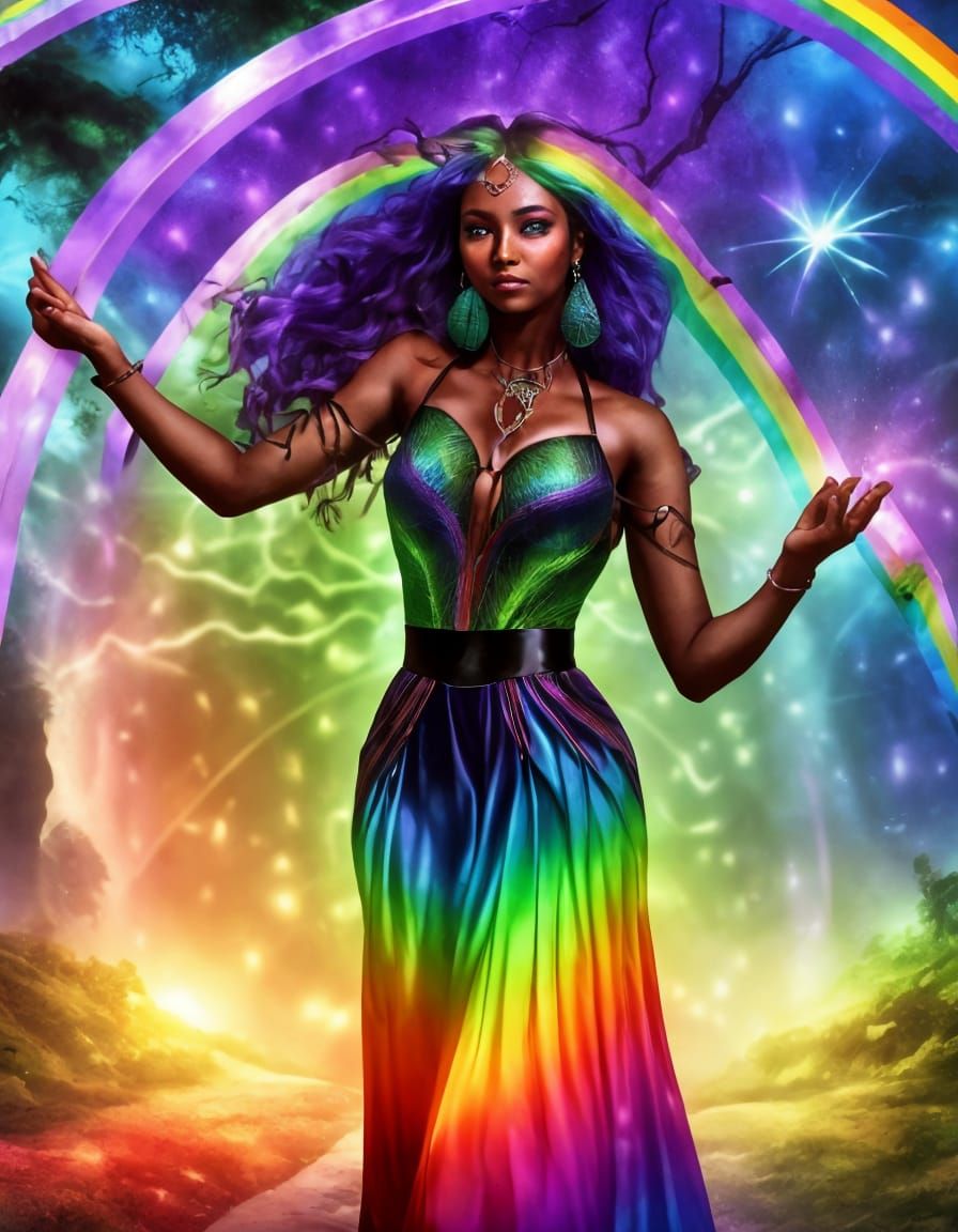 Elf Woman Stepping Through Rainbow Portal