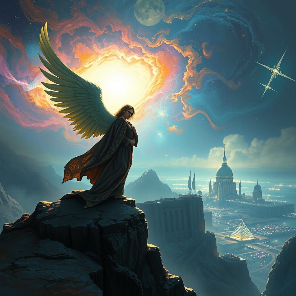 Angel Overlooking Futuristic Cityscape on Alien World