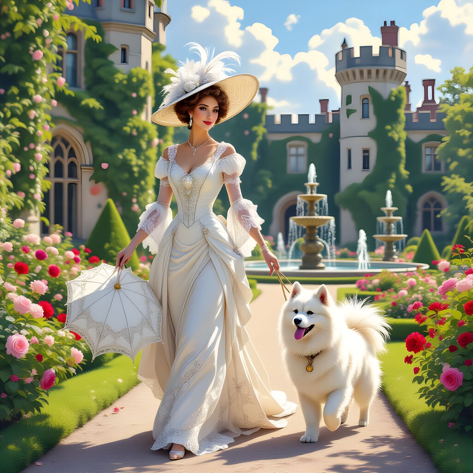 Elegant Edwardian Lady with Samoyed in Castle Garden