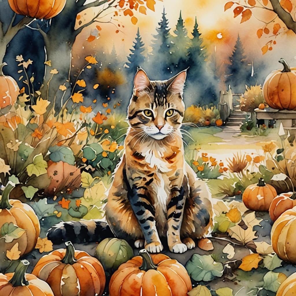 Cat on Pumpkin in Autumnal Garden Watercolor
