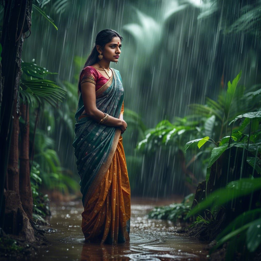 Beautiful Indian Woman in Rain, Hyperrealistic Detail