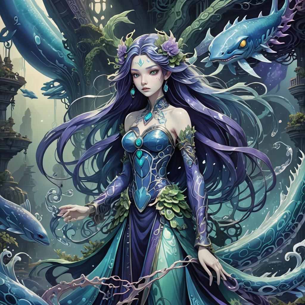 Eldritch Porcelain Princess in Dreamlike Aquatic Realm