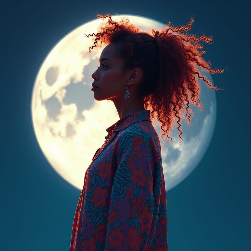 Young Woman Embracing the Crescent Moon