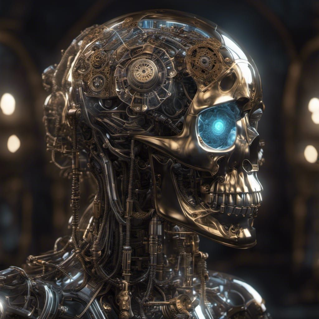 Steampunk Cyborg with Translucent Skull in 3D Render