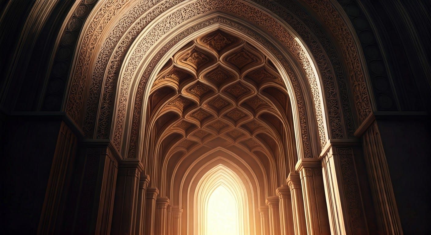 Islamic Arch in Golden Brown and Maroon Hues