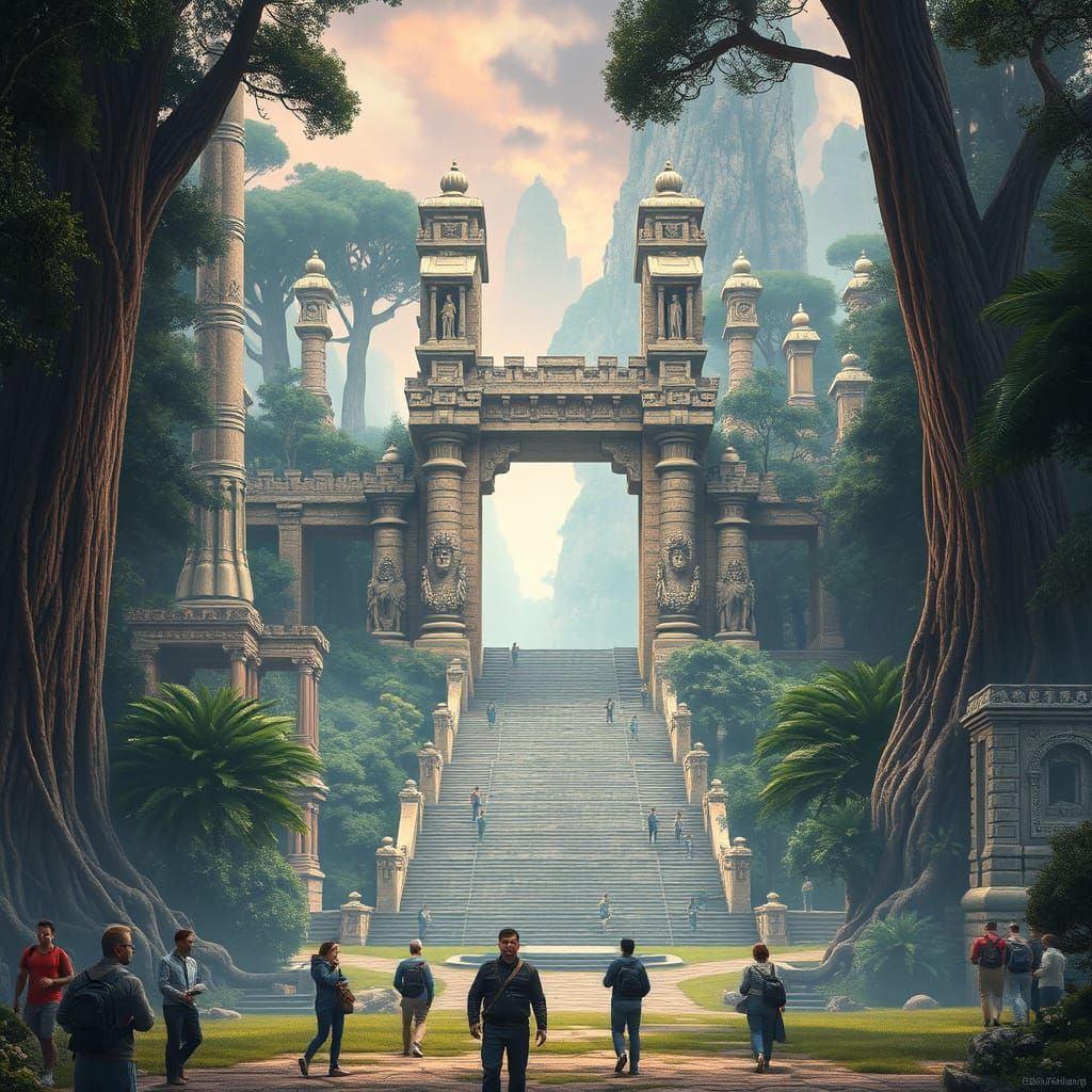 Giant Ruins in Overgrown Forest: Hyperrealistic Digital Art