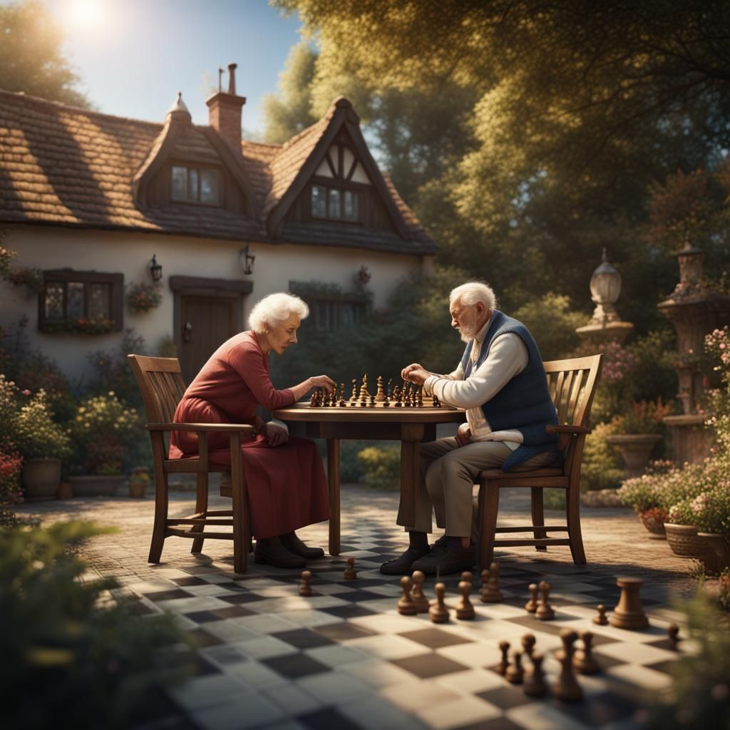 Elderly Couple's Chess Game: Detailed Matte Painting