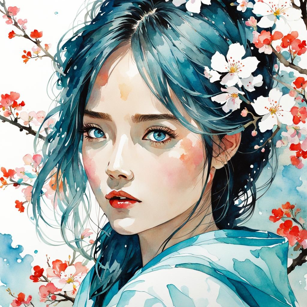 Beautiful Chinese woman, light blue eyes, spring blossom, beautiful garden, wet watercolor art by Conrad Roset and Norma...
