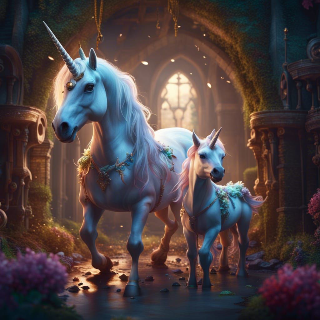 Unicorn Family at Castle: Fantasy Concept Art