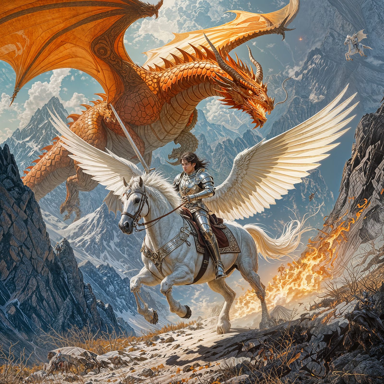 Knight on Pegasus Battles Fiery Dragon on Mountain Path