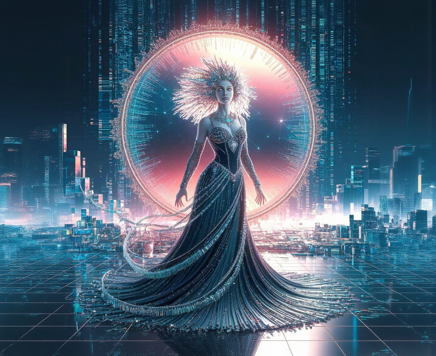 Digital Enchantress in Binary Gown Before Glitched Portal