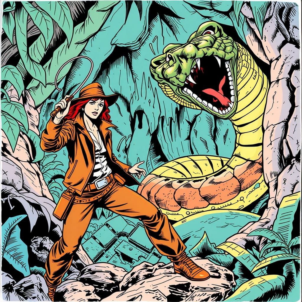 Archaeologist Battles Snake in Lost Temple, Comic Book Style
