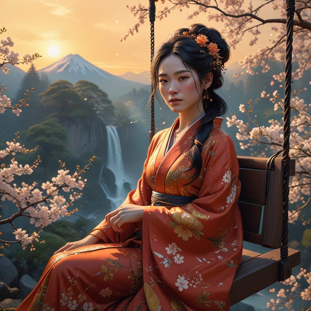 Japanese Goddess in a Lush Garden